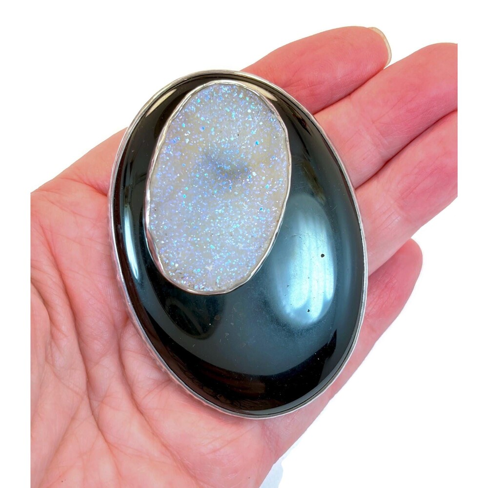 Black Onyx Pendant, Druzy, Vintage, Sterling Silver, 2 3/4" Long, One of a Kind